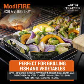 Traeger ModiFIRE fish grill tray fits grates with close-up on grilled fish.
