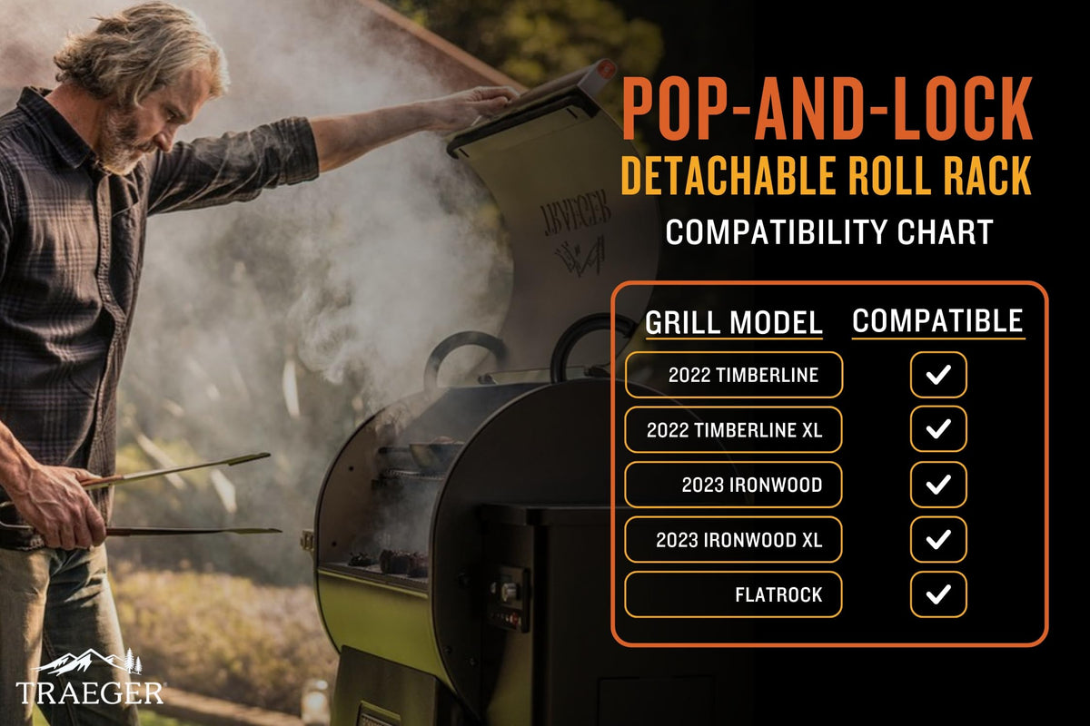 Closeup of Traeger P.A.L. Roll Rack with grill essentials ready