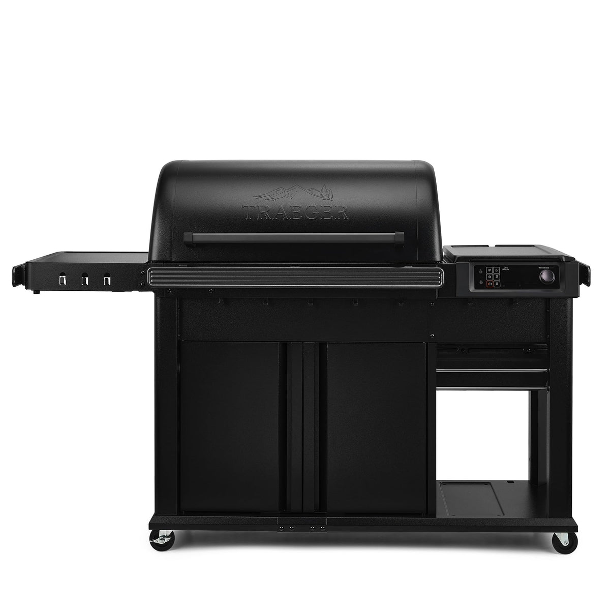 Traeger Woodridge Pro Plus exterior view showing durable outdoor grill for all-weather use.