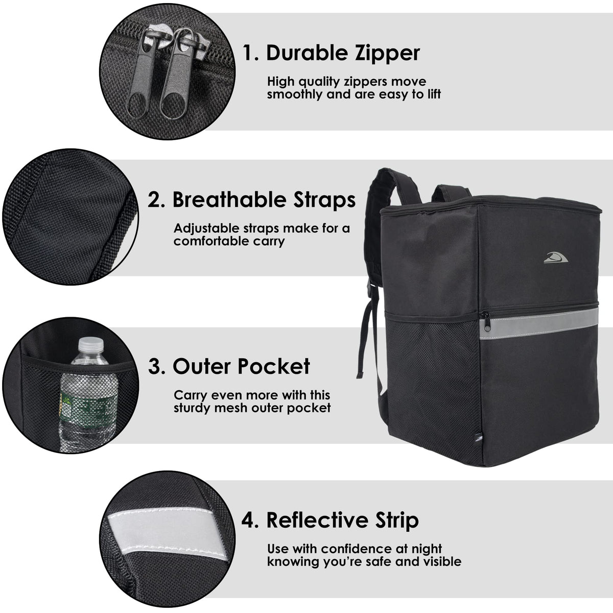 Trail maker insulated backpack side drink pockets for convenient beverage transport.