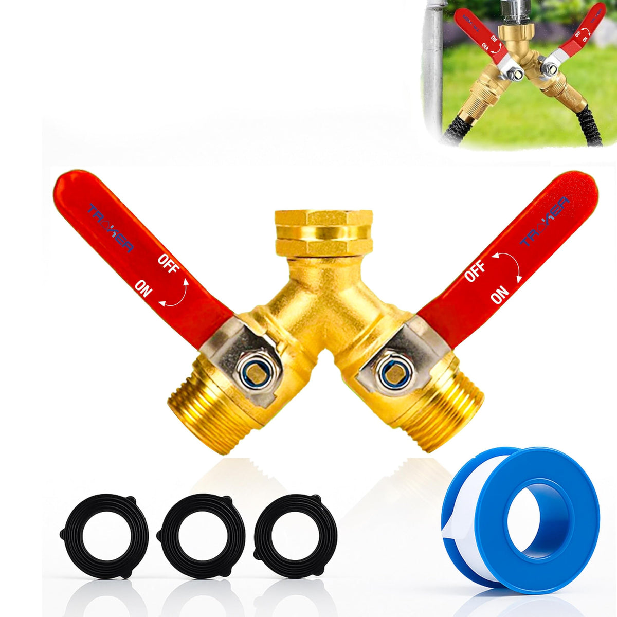 TRA KEA premium 2-way brass hose splitter showing sturdy construction for reliable watering