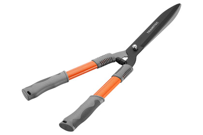 TRAMITEC garden hedge shears with ergonomic grips for comfortable trimming.