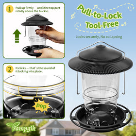 Bottom tray screws lock firmly, preventing detachment during bird visits.