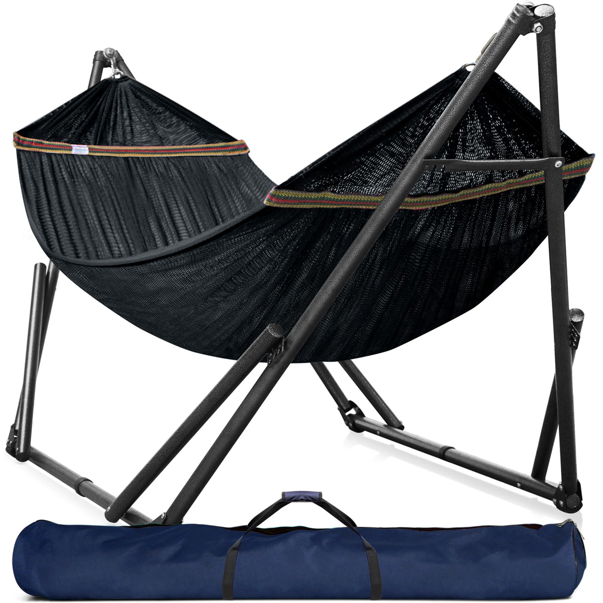 Tranquillo hammock stand shows 600 lbs capacity for sturdy backyard relaxation.