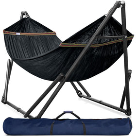 Tranquillo hammock stand shows 600 lbs capacity for sturdy backyard relaxation.