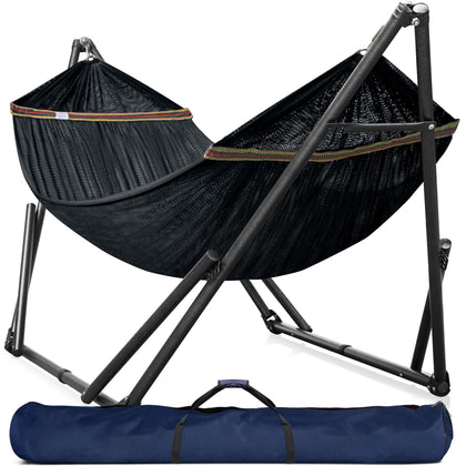Tranquillo hammock stand shows 600 lbs capacity for sturdy backyard relaxation.