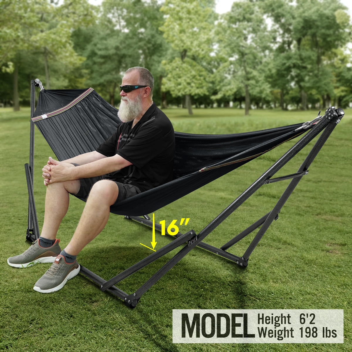 Tranquillo hammock stand pictured in garden for versatile outdoor lounging.