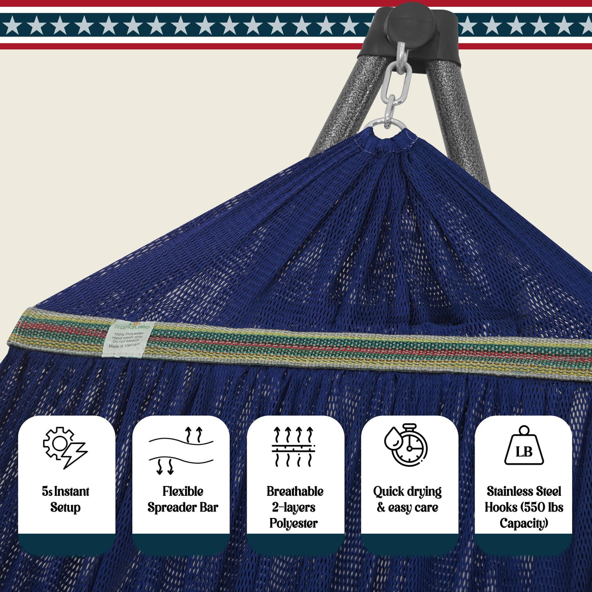 Tranquillo Uniki hammock stand supports up to 550 pounds for versatile use.
