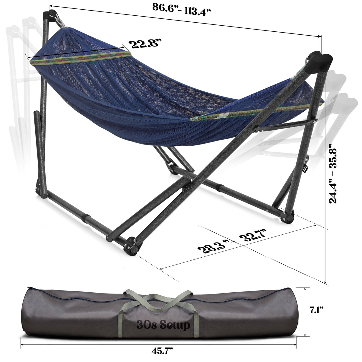 Tranquillo Uniki hammock stand includes a portable carry bag for travel.