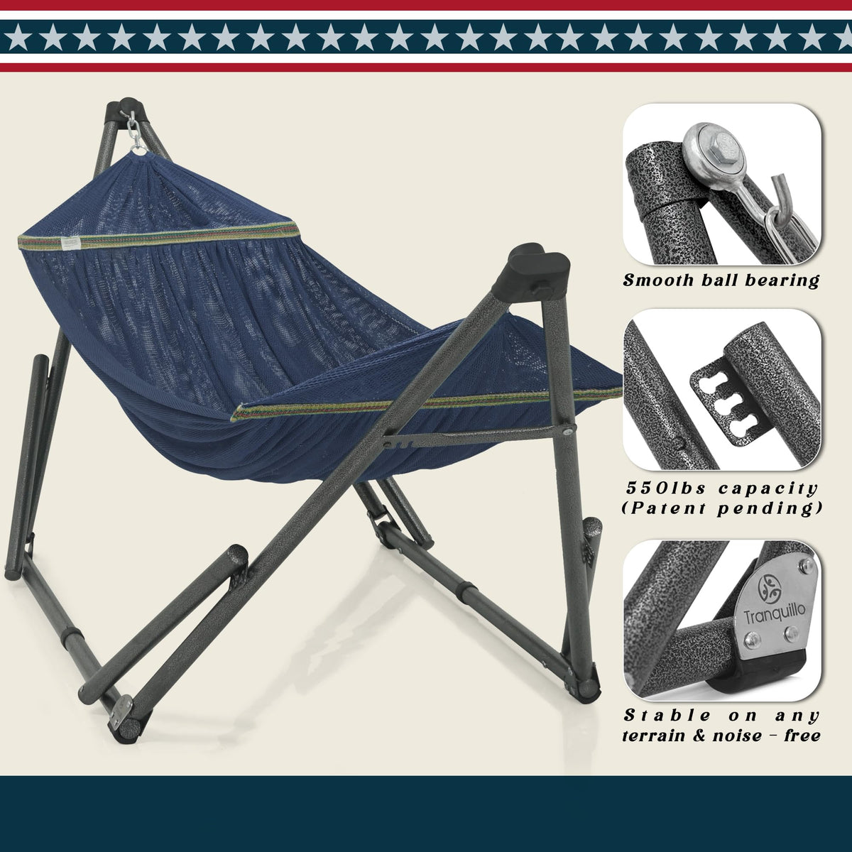 Tranquillo Uniki hammock stand operates noiselessly for peaceful lounging.