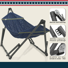 Tranquillo Uniki hammock stand operates noiselessly for peaceful lounging.