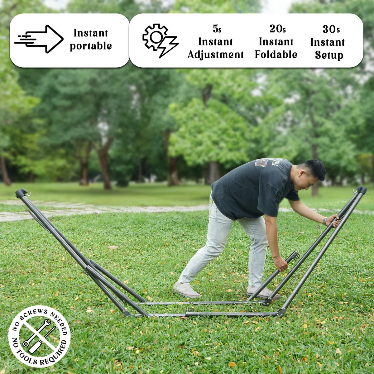 Tranquillo Uniki hammock stand enables 30-second setup for quick relaxation outdoors.