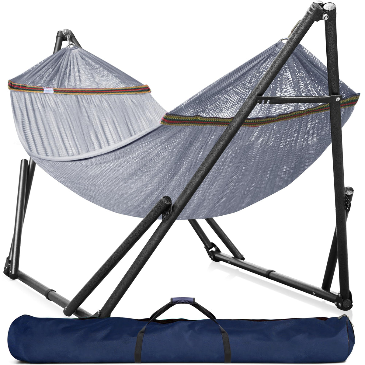 Tranquillo universal double hammock setup with tool-free assembly for quick relaxation