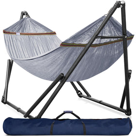 Tranquillo universal double hammock setup with tool-free assembly for quick relaxation
