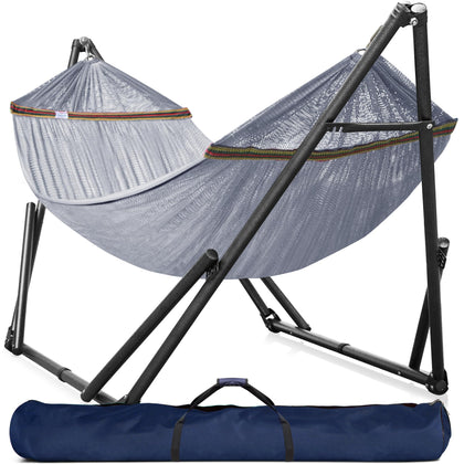 Tranquillo universal double hammock setup with tool-free assembly for quick relaxation