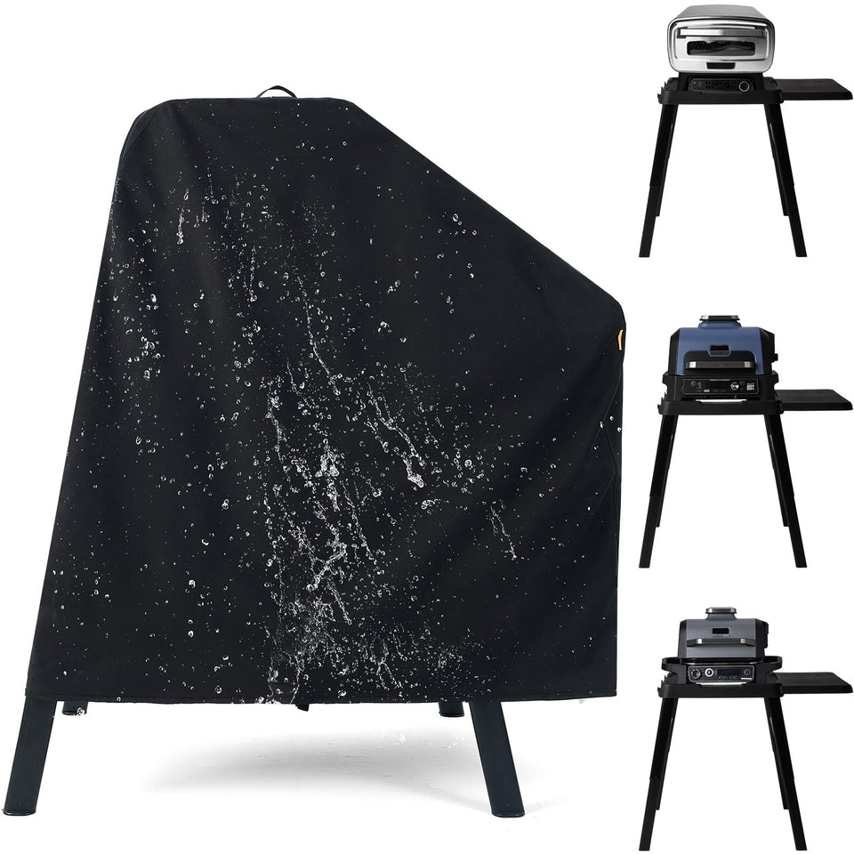 TravelIt Ninja Woodfire cover on XSKUNSTAND protects grill from rain.