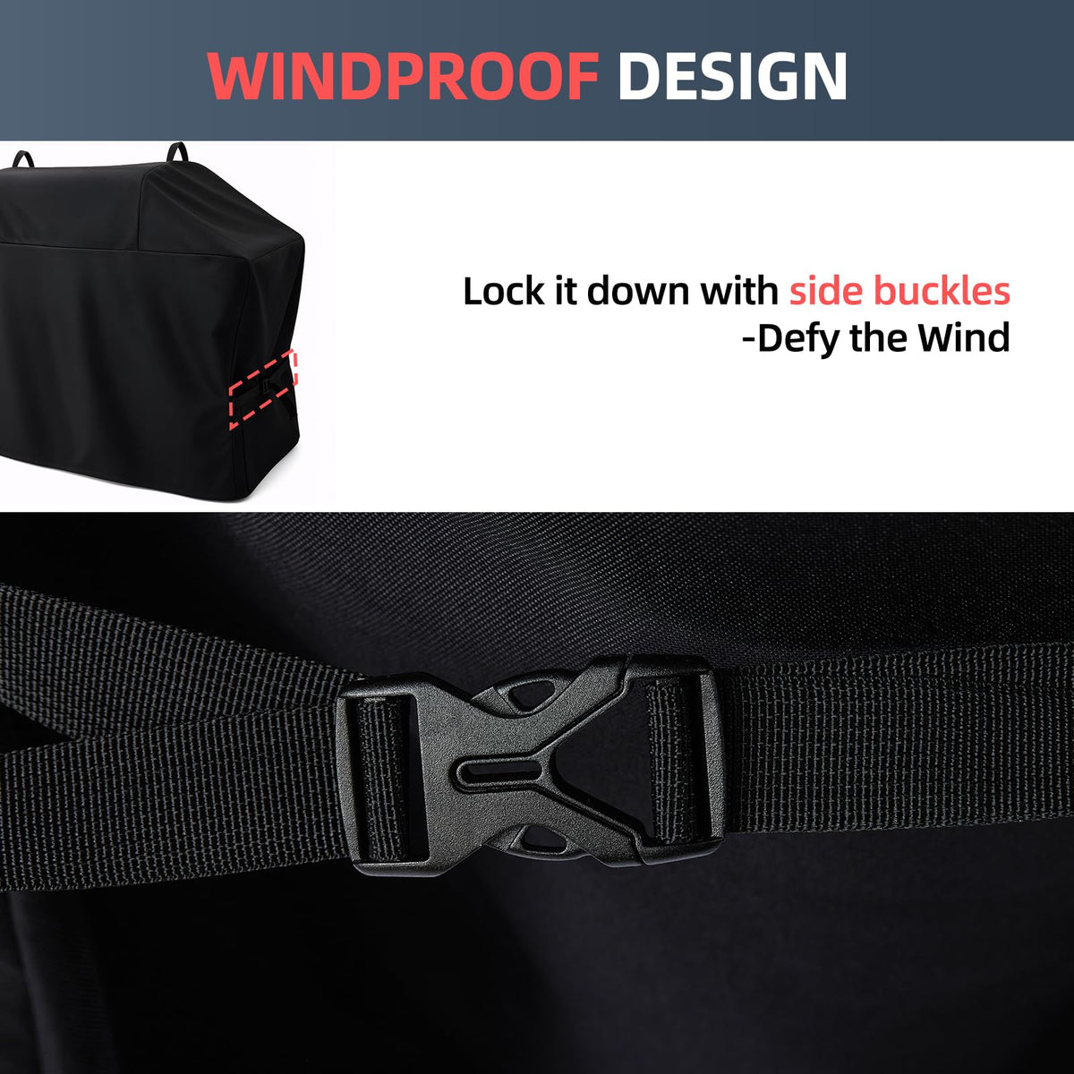 TRAVELIT Ninja FlexFlame cover with side buckles stays secure in windy conditions.