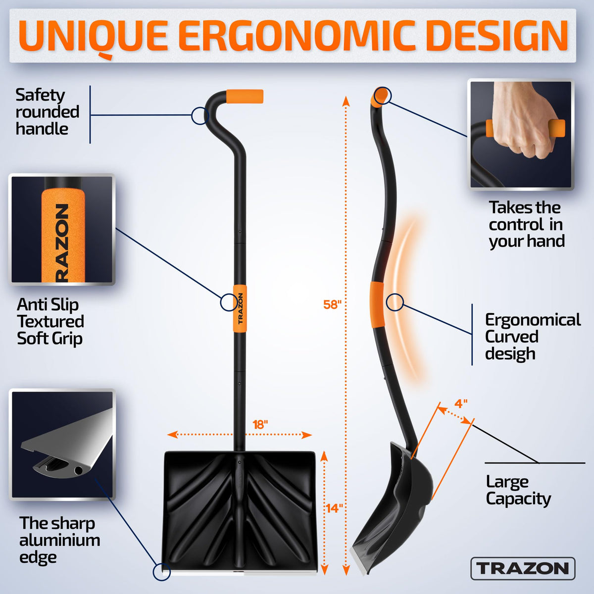 Trazon snow shovel 18-inch blade for quick driveway clearing