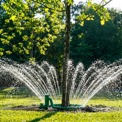 Tree Hugger watering ring with outward spray reaching feeder roots for efficient hydration