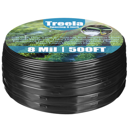 Treela drip tape 500ft roll with 6-inch spacing and 8mil wall for efficient garden irrigation.