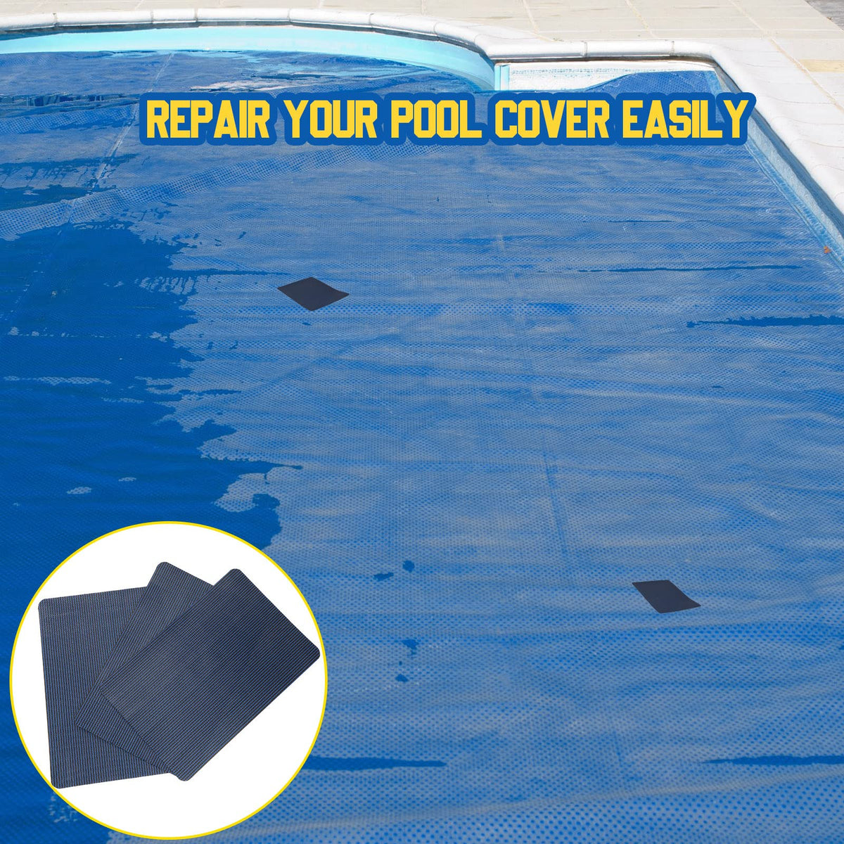 Treela patch applied on worn mesh area of a pool safety cover
