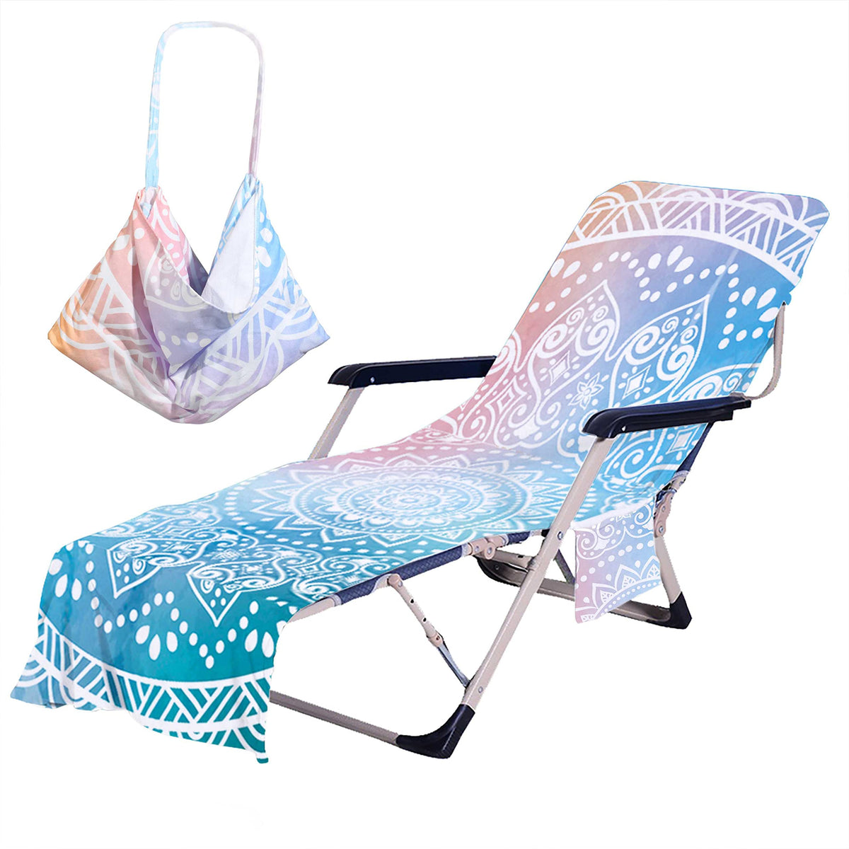 Treeswift beach chair cover with top pocket secures towel on lounge chairs.