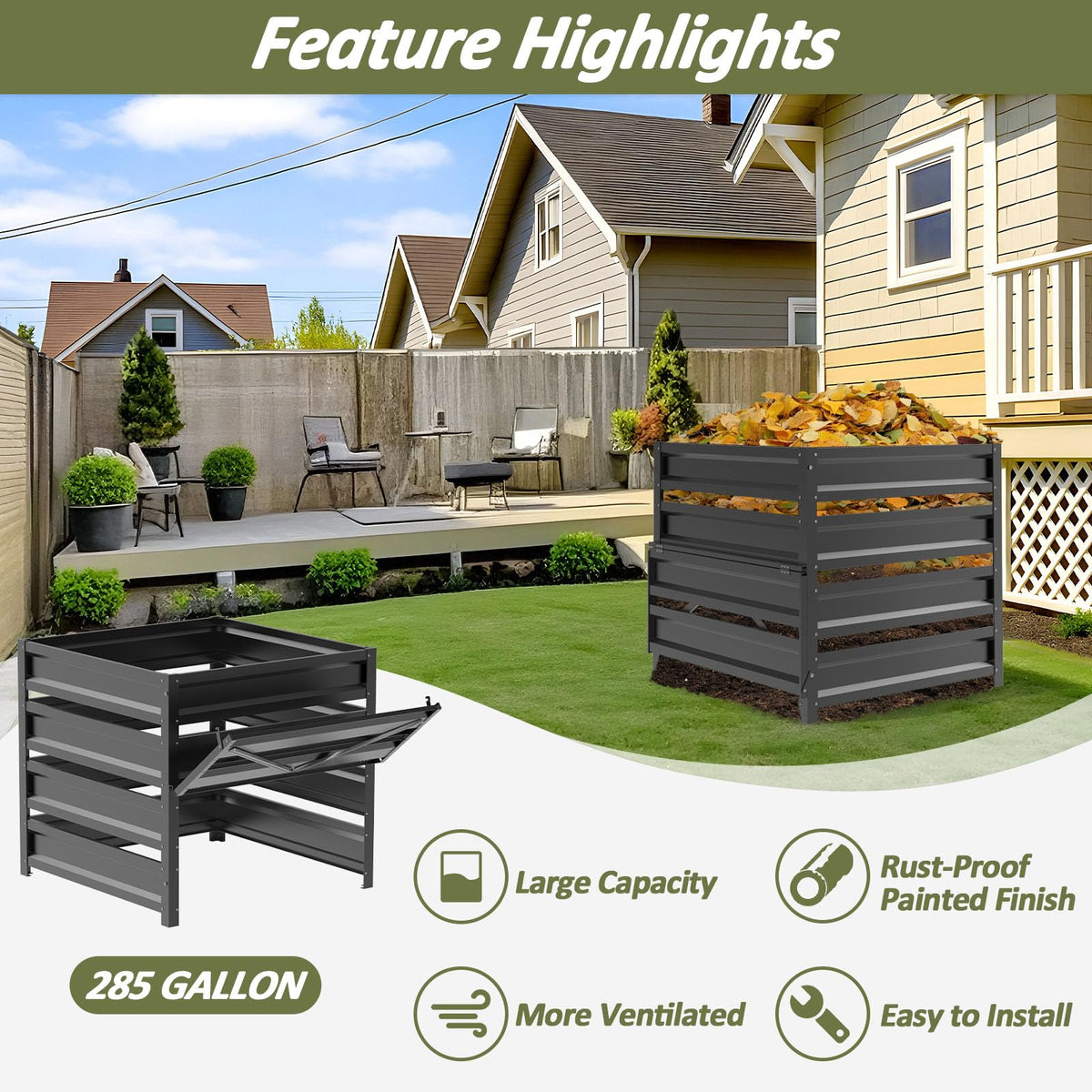 Trellume metal compost bin with rust-proof coating standing sturdy in garden