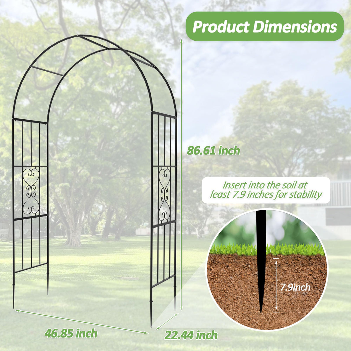 Trellume Garden Arch side view showing slim profile and stable support for climbing plants