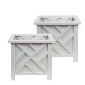 Trenton Gifts Chippendale White Planter Box Set 2 close-up lattice pattern detail.