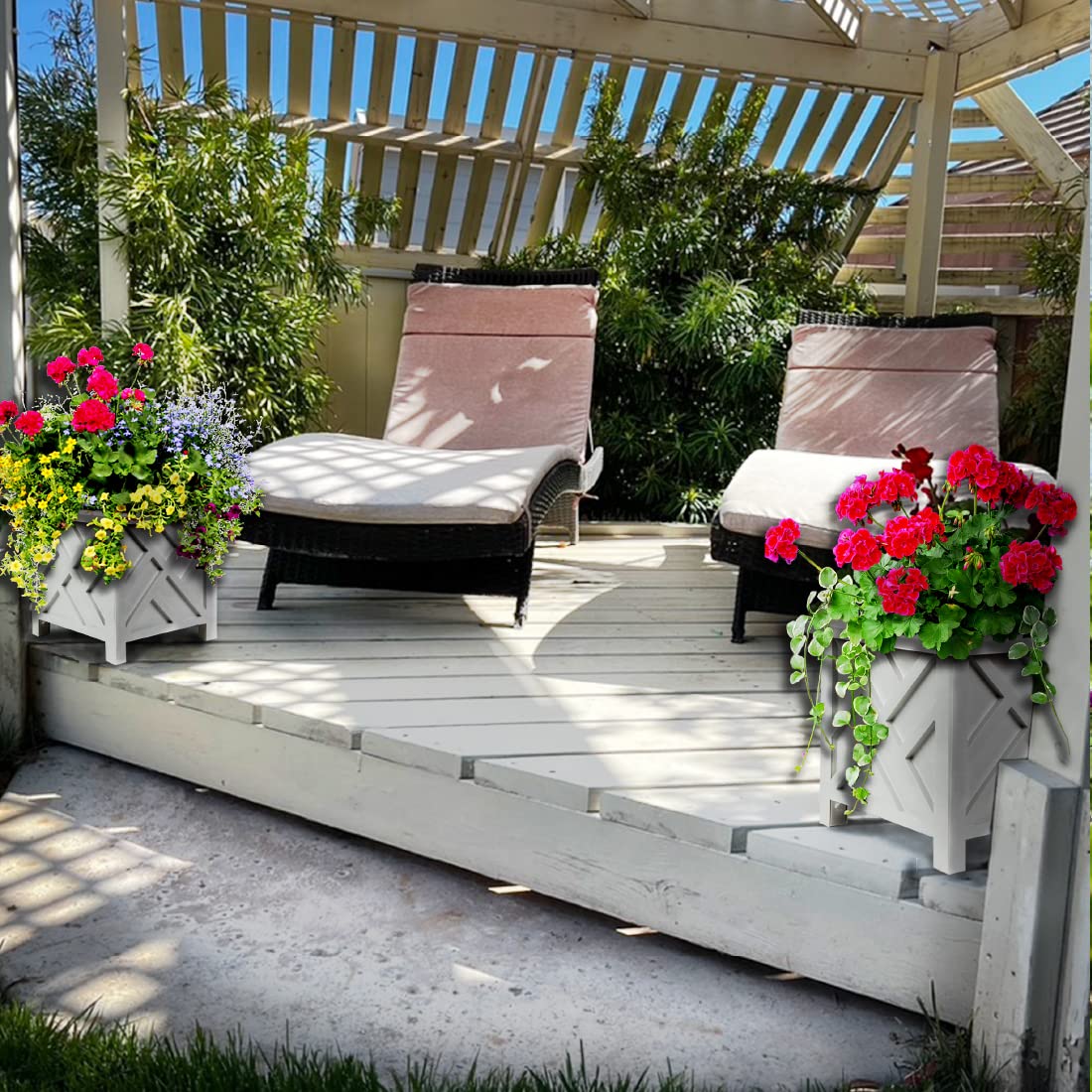 Trenton Gifts Chippendale White Planter Box Set 2 porch setup with greenery.