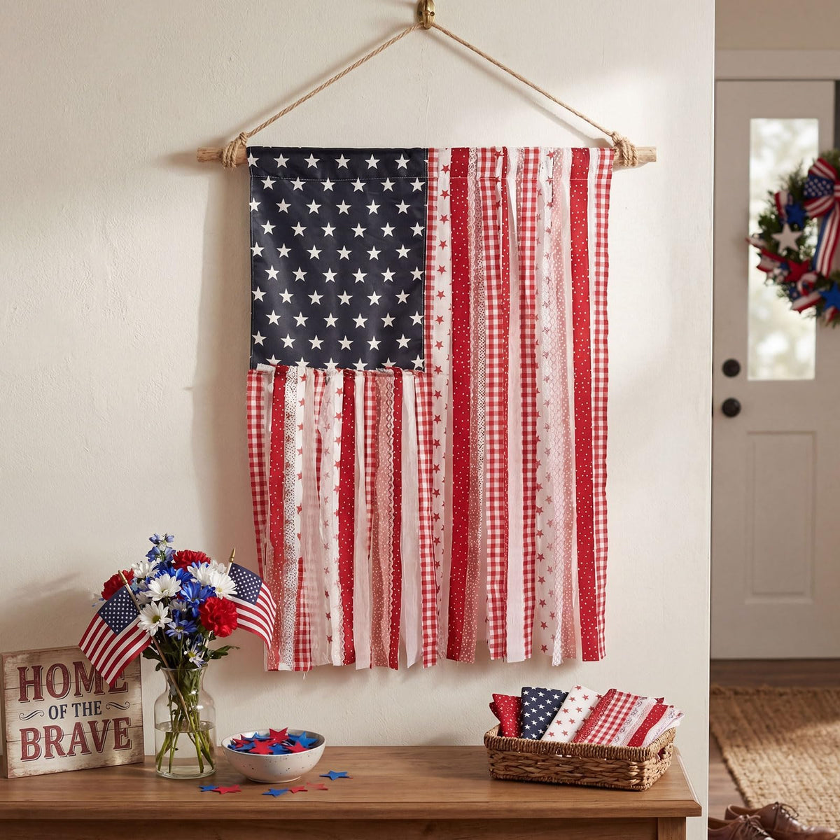 Treory indoor-outdoor decor patriotic banner ready to hang, for flexible display.