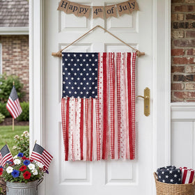Treory mantel decor patriotic banner complements living room or hallway displays.
