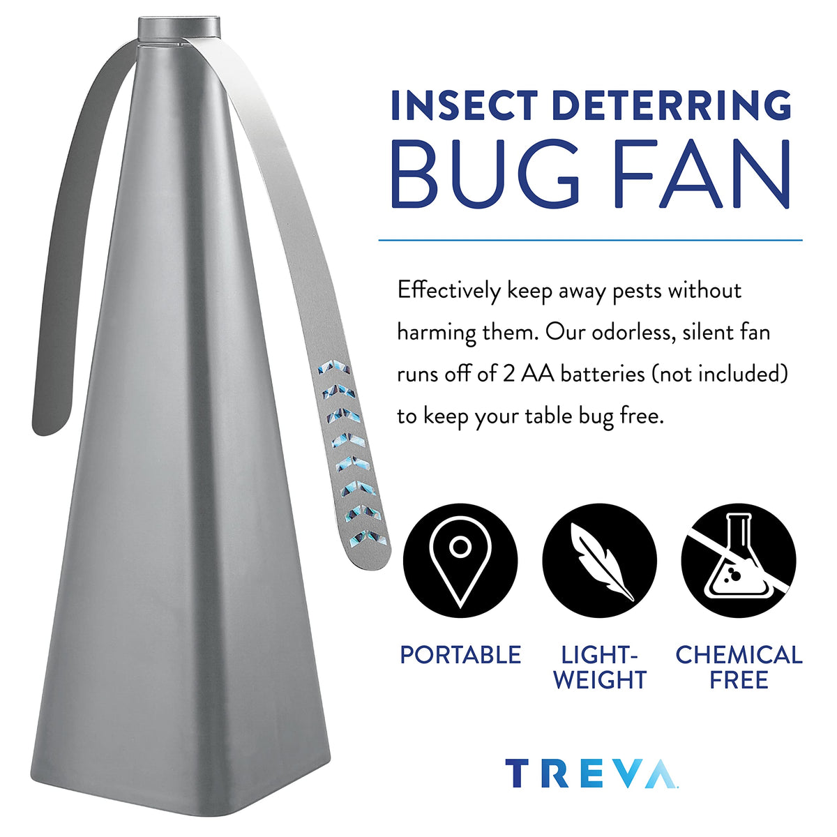 Battery-powered Treva deterrent fan keeps air clear at patios.