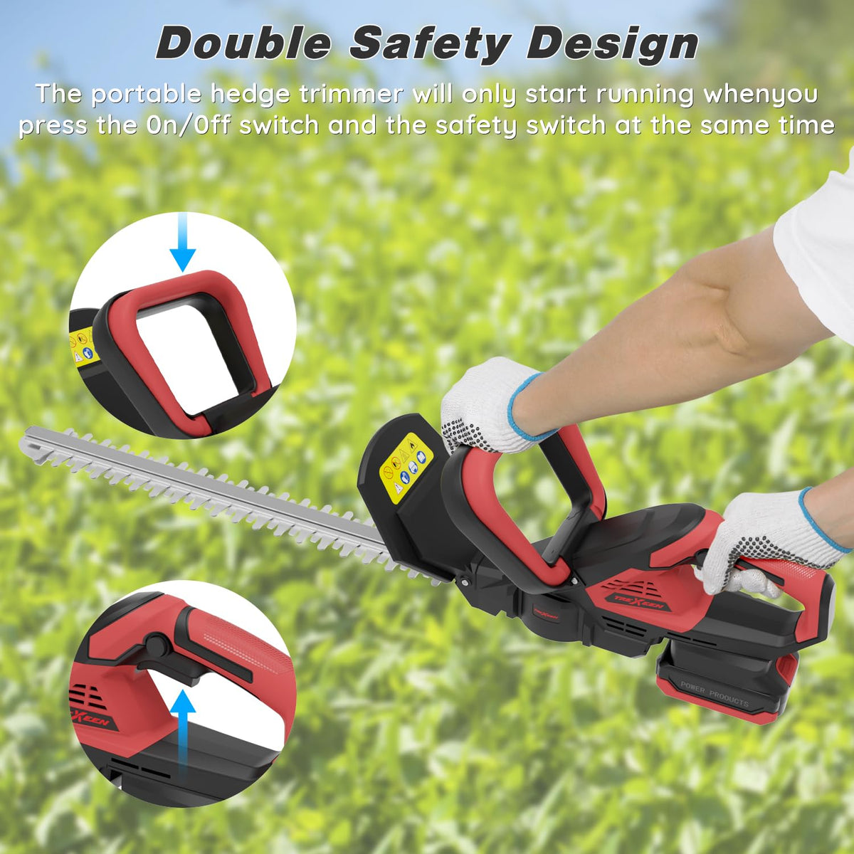 TREXEEN lightweight hedge trimmer at 4.8 pounds for fatigue-free use.