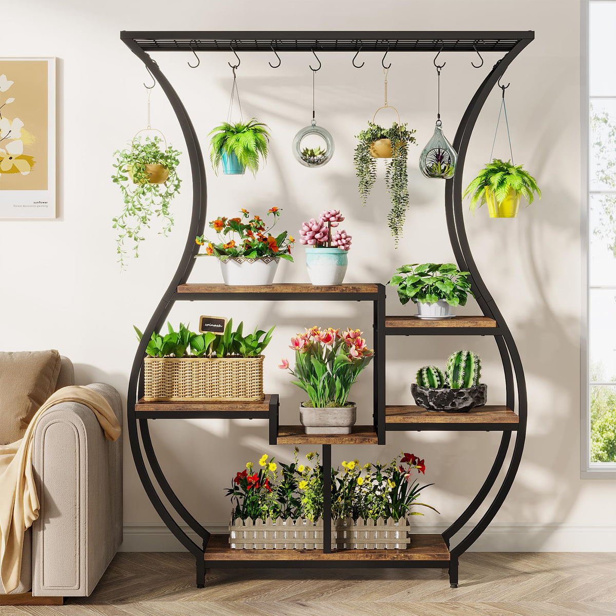 Tribesigns plant stand with hanging hooks for versatile plant display.