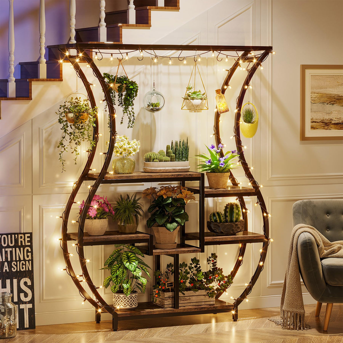 Tribesigns vase-design plant rack adds rustic elegance to rooms.