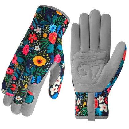 Trifabricy Garden Gloves for Women front view with floral back and grip-ready palms