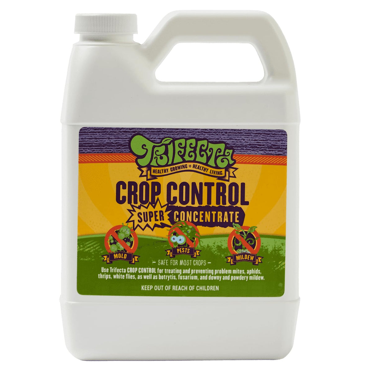 Trifecta Crop Control bottle close-up for safe pest management on plants