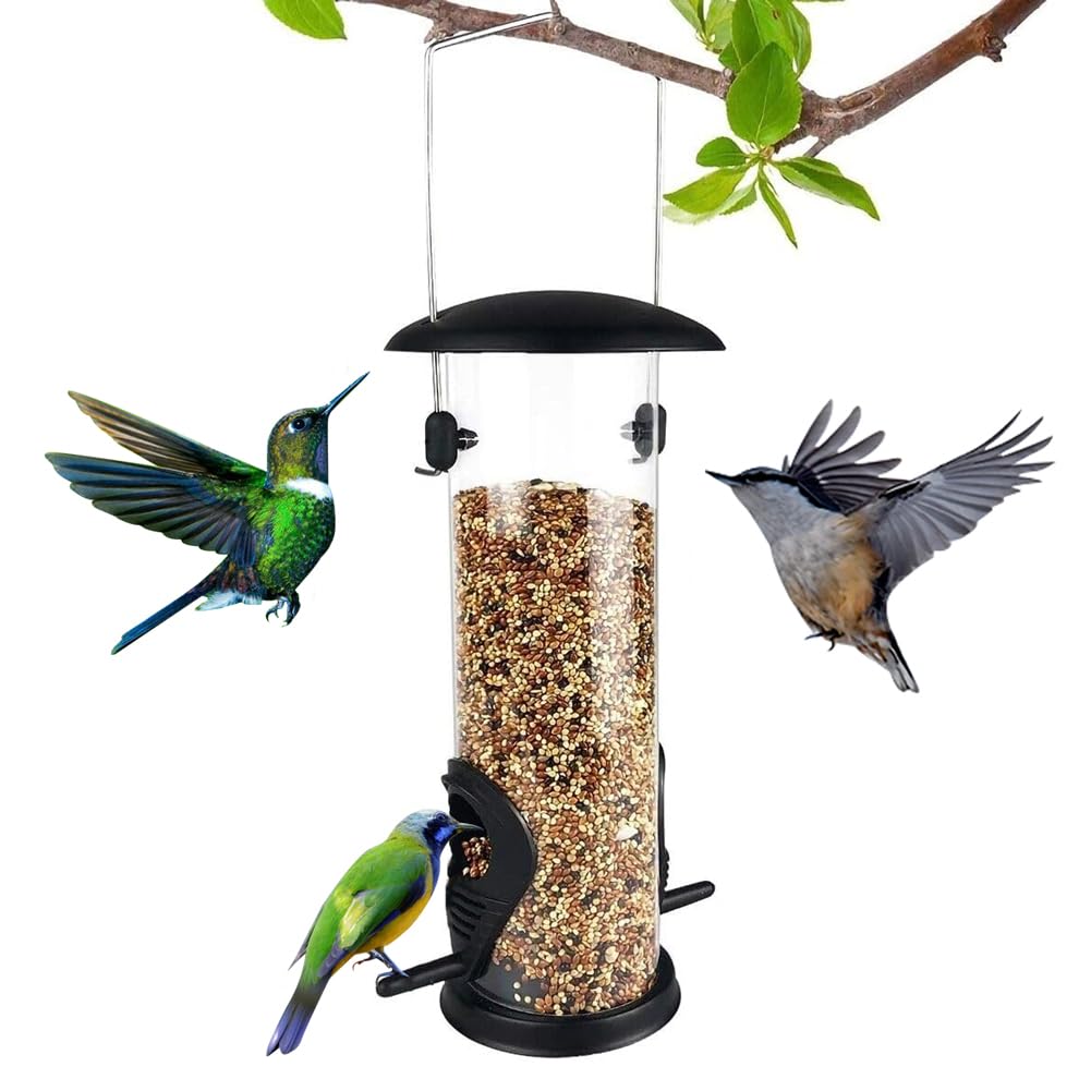 Triflice metal bird feeder with chew-proof ports for outdoor use.