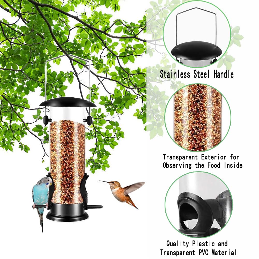 Triflice tube bird feeder featuring a clear seed reservoir for easy monitoring.