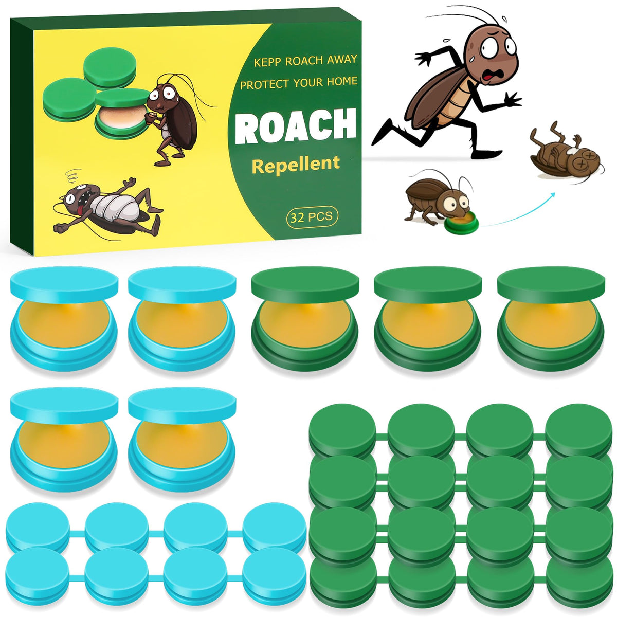 Trihood roach bait traps packaging shows a 32-pack for indoor control