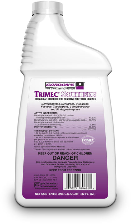 TRIMEC Southern Broadleaf herbicide bottle on lawn demonstrating broadleaf weed control
