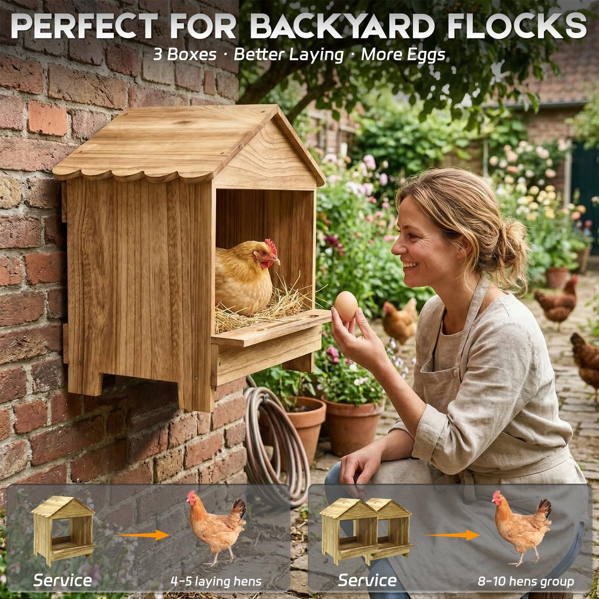 TRINFREE nesting space 12x12x11-15in shown with hens for privacy.