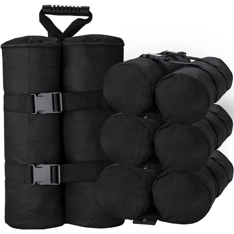 TRINKA canopy weight bags set of four secured to a tent leg for stability.