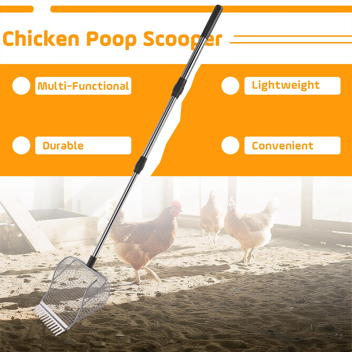 TRIOCOTTAGE adjustable handle length demonstrates comfortable reach during coop maintenance.