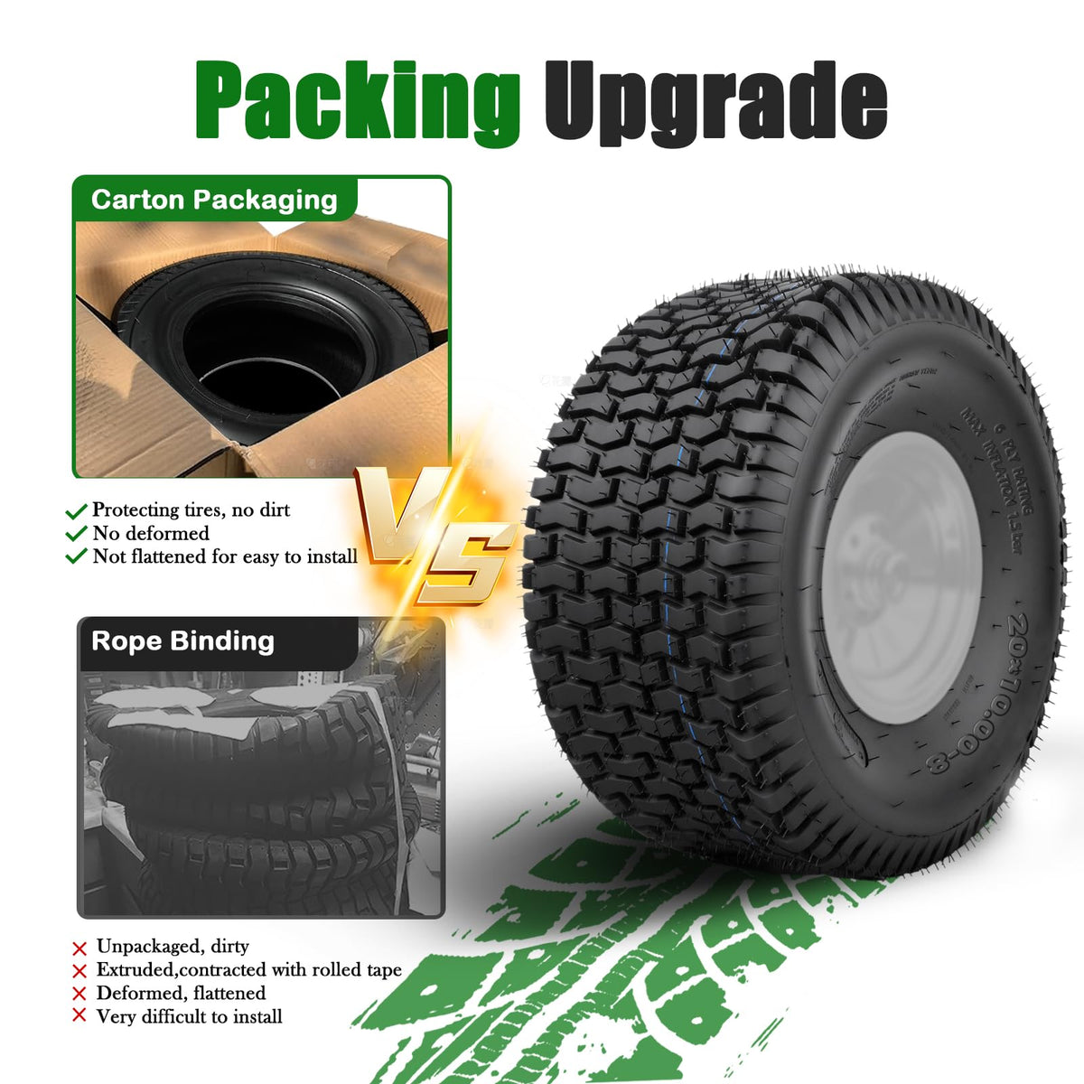 TRIPOWER turf tire boxed packaging demonstrates protected shipping.