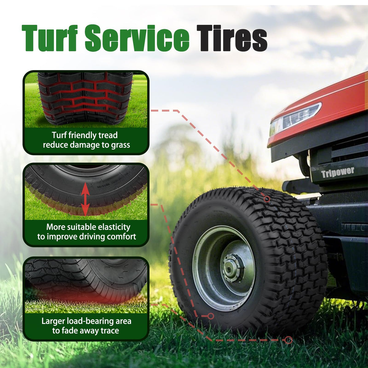 TRIPOWER turf tire on grass demonstrates a smooth, durable ride.