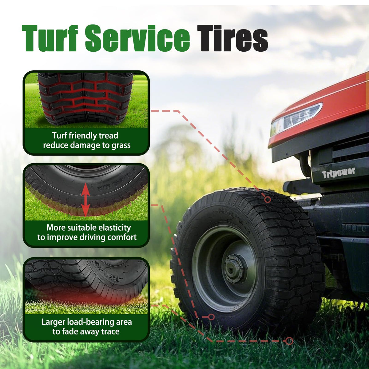 TRIPOWER flat tread design minimizes lawn damage and mowing marks.
