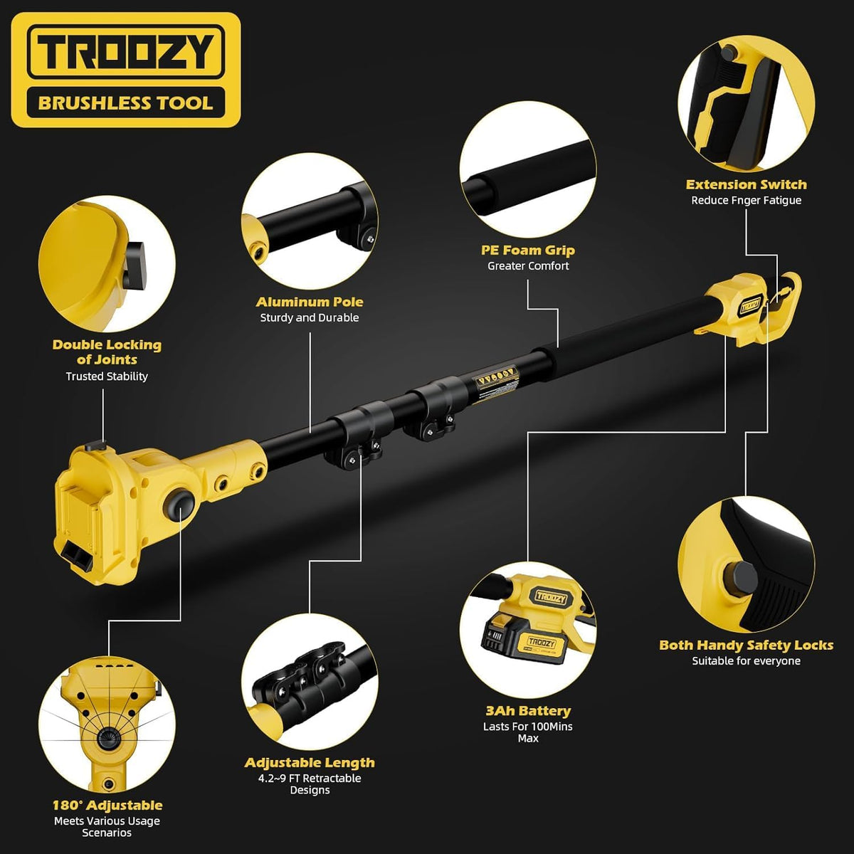 TROOZY swivel head adjusted to 180-degree angle for diverse cuts