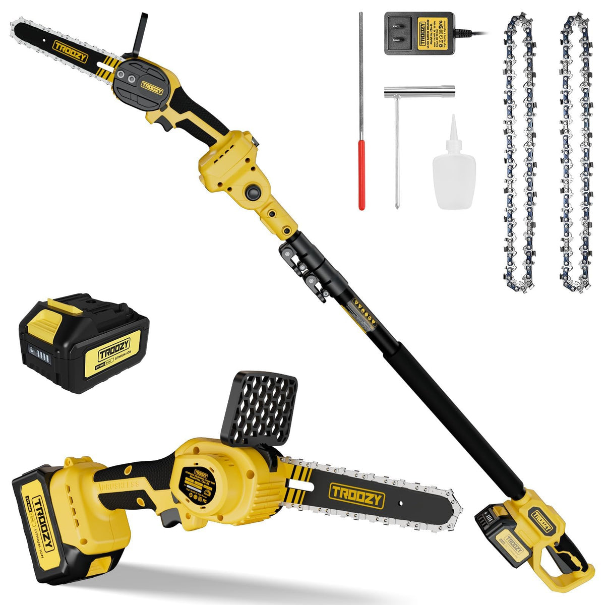 TROOZY 2-in-1 pole saw in use for high branch trimming with ladder-free reach